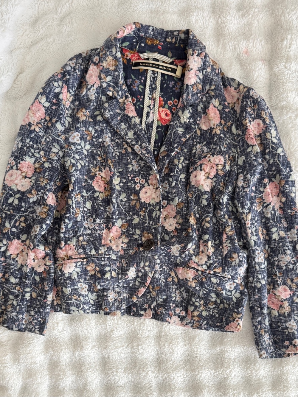 Anthropologie Navy Floral Jacket with Pink and Gold Accents